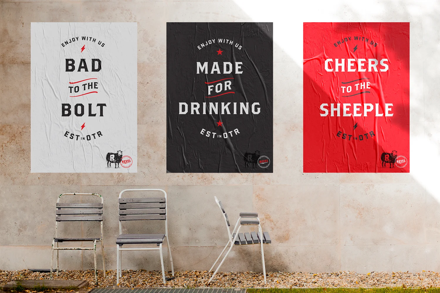 Revel brand posters — Bad to the Bolt, Made for Drinking, Cheers to the Sheeple